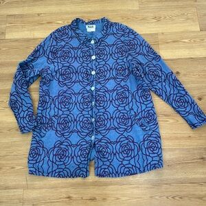 FLAX Woven Blue Purple Floral Unstructured Linen Swing Jacket Size 2G